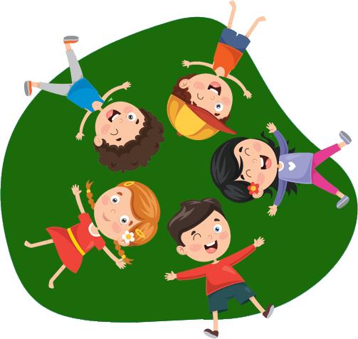 Five happy children lying on green grass, smiling and playing outdoors together