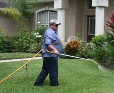 Technician spraying lawn for mosquito reduction in a Westchase residential yard